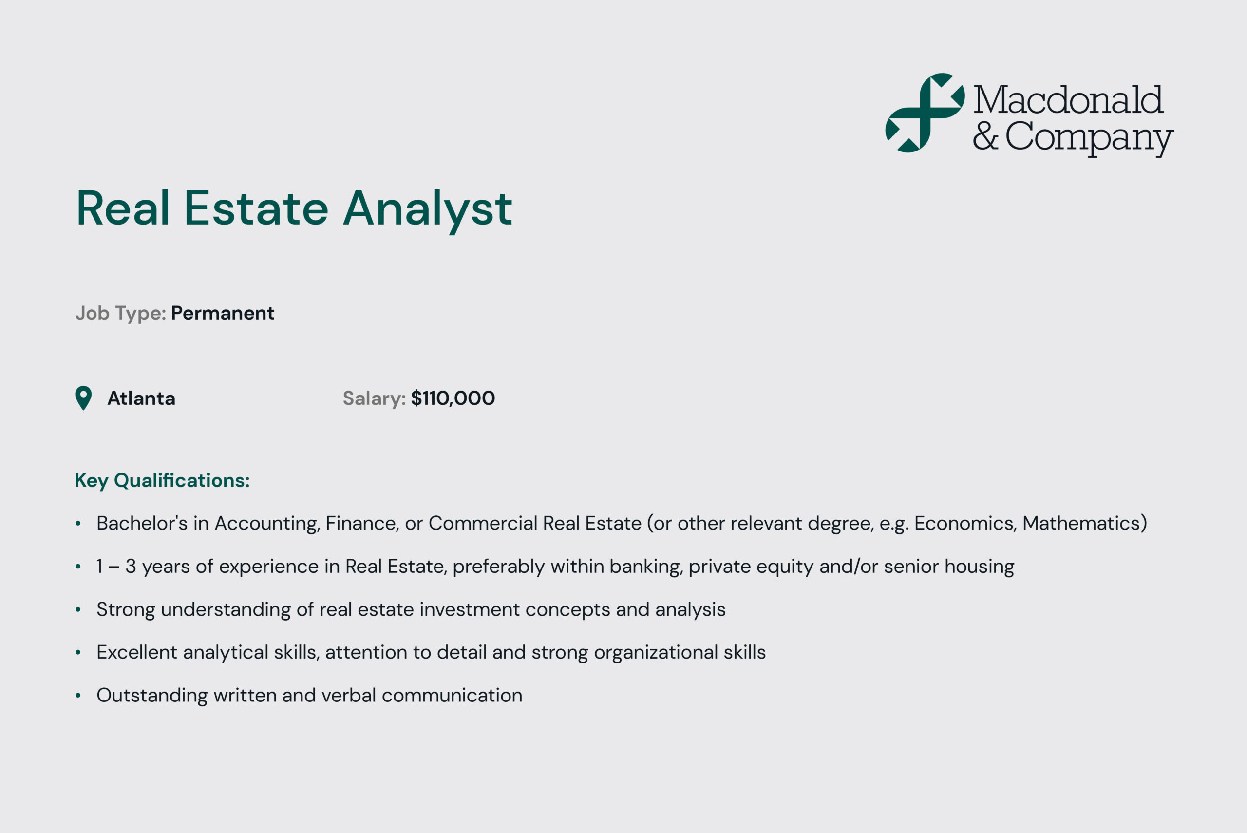 job listing for Real Estate Analyst